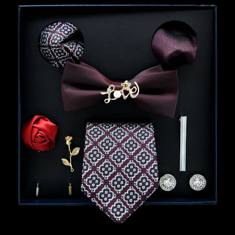 8Pcs Burgundy&White Floral Casual Necktie Bow Ties Gift Box - Burgundy&White - image 0