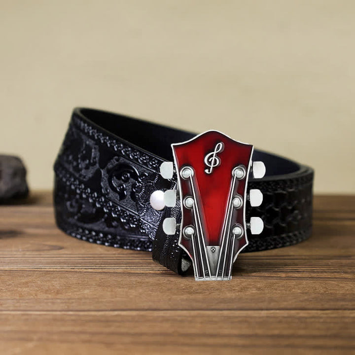 Men's DIY Musical Guitar Headstock Buckle Leather Belt - Red - Black Carved Belt (40) - image 20