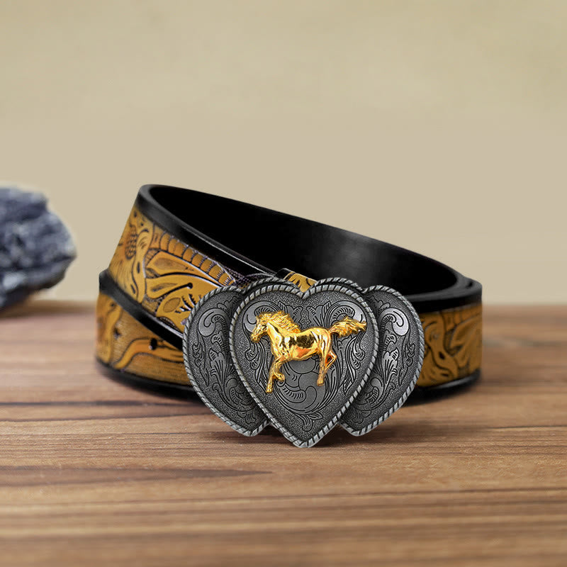 Men's DIY Horse Triple Heart Shaped Buckle Leather Belt - Horse - SandyBrown Belt (40) - image 11