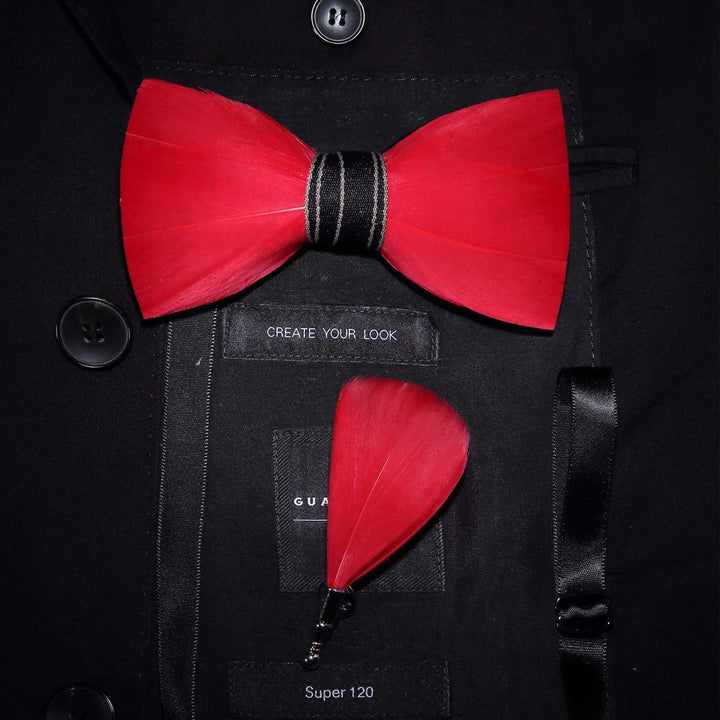Solid Red Classic Feather Bow Tie with Lapel Pin - Red - image 0