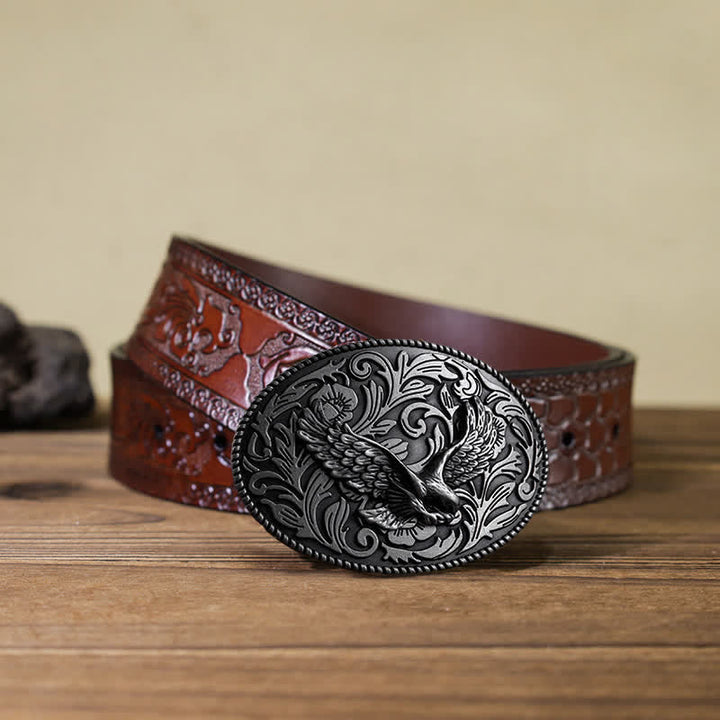 Men's DIY Animal Flying Eagle Buckle Leather Belt - Antique Silver - Brown Carved Belt (40) - image 17