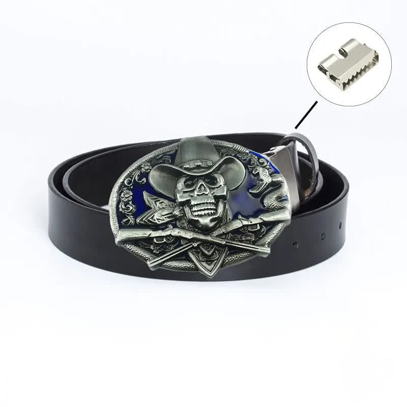 Men's Pirate Skull Cross Guns Leather Belt - Iron Linker - Black / Blue Glaze - 46 - image 23