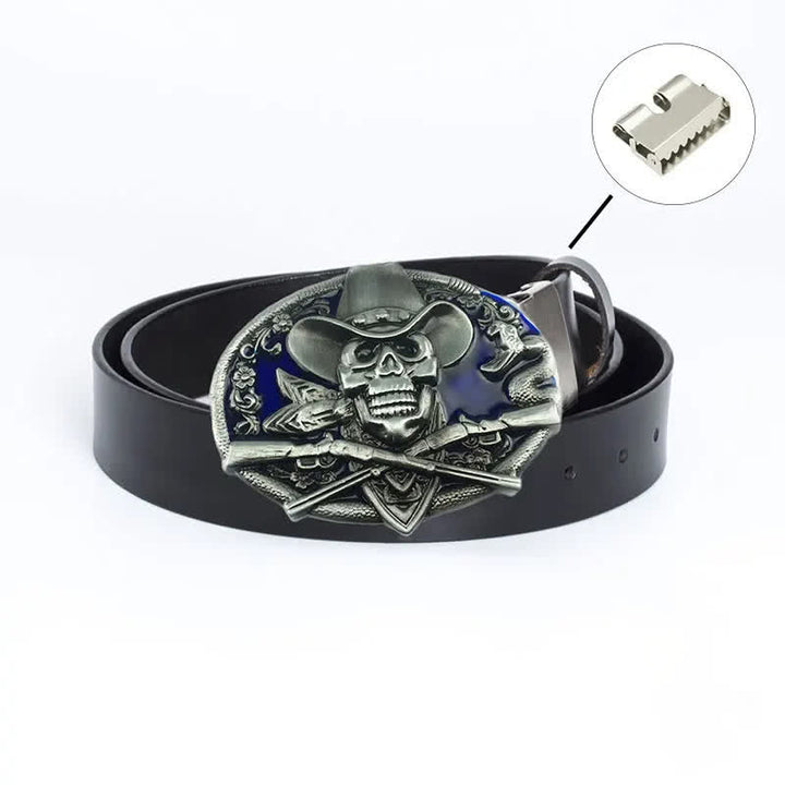 Men's Pirate Skull Cross Guns Leather Belt - Iron Linker - Black / Blue Glaze - 46 - image 23