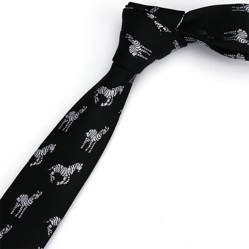 Men's Black Skinny Twill Zebra Motifs Necktie - image 1