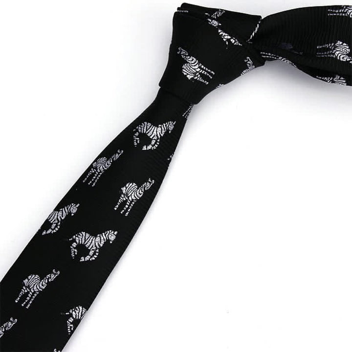 Men's Black Skinny Twill Zebra Motifs Necktie - image 1