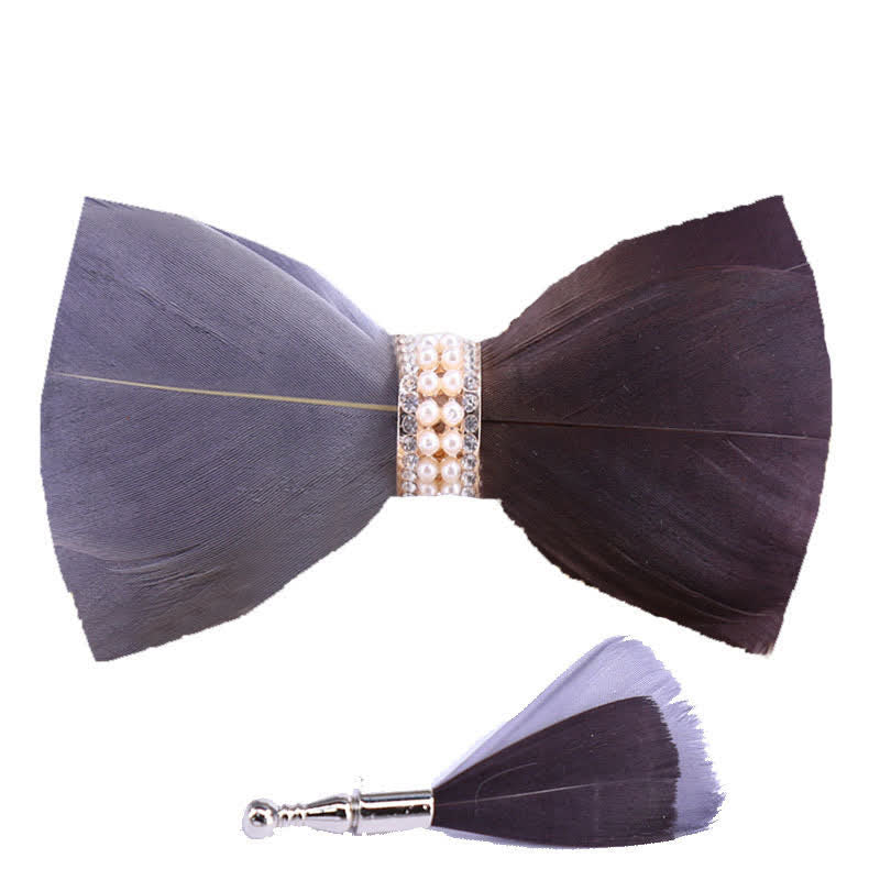 Gray & Brown Shiny Pearl Feather Bow Tie with Lapel Pin - image 3