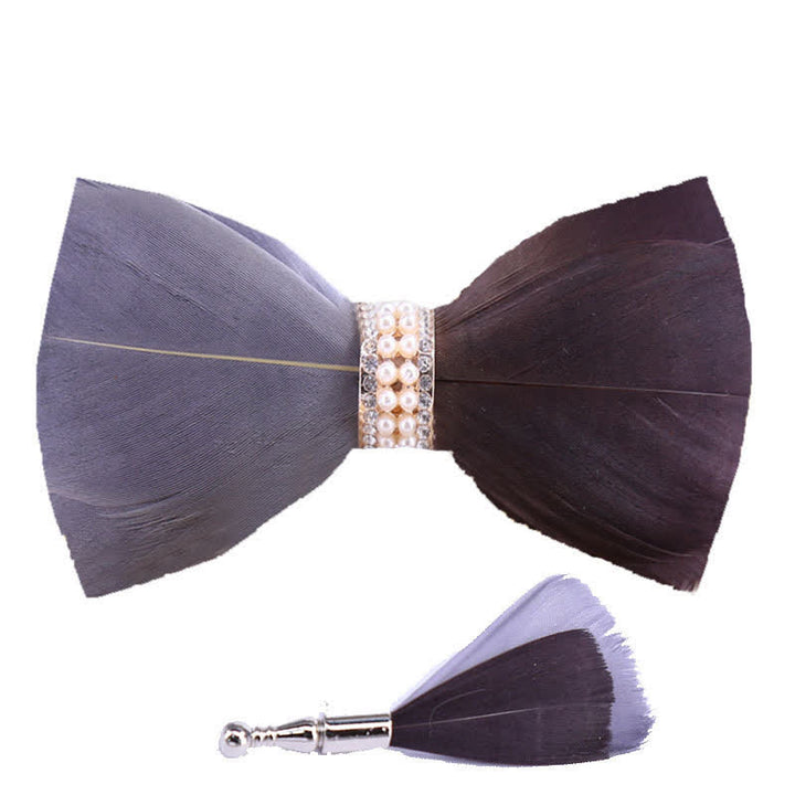 Gray & Brown Shiny Pearl Feather Bow Tie with Lapel Pin - image 3