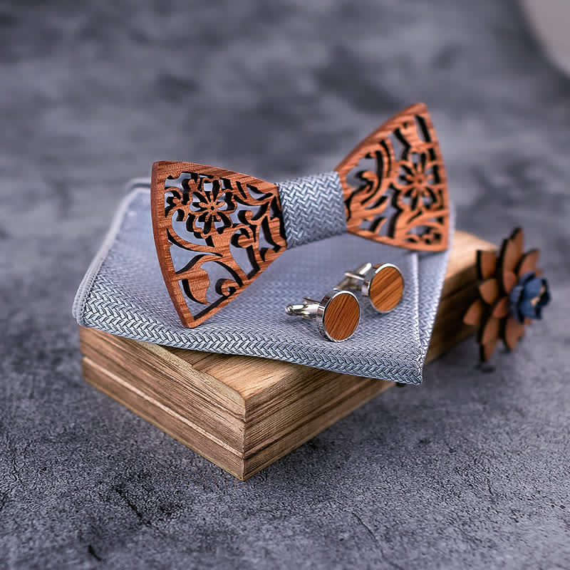 4pcs Men's Hollow Floral Wooden Bow Tie Set - image 4