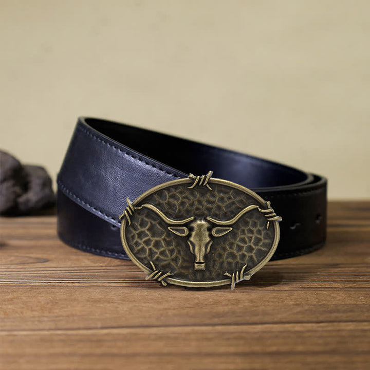 Men's DIY Cowboy Bull Head Hammered Buckle Leather Belt - Antique Bronze - Black PU Belt (40) - image 7