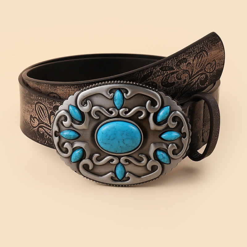 Women's Turquoise Decor Oval Buckle Leather Belt - image 3