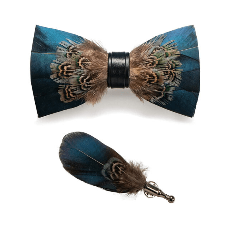 Kid's Green & Brown Vintage Feather Bow Tie with Lapel Pin - image 5