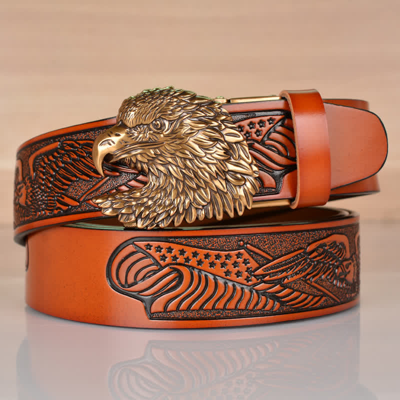 Men's Intricate Eagle Head Automatic Buckle Leather Belt - Brown / Bronze - 46 - image 13