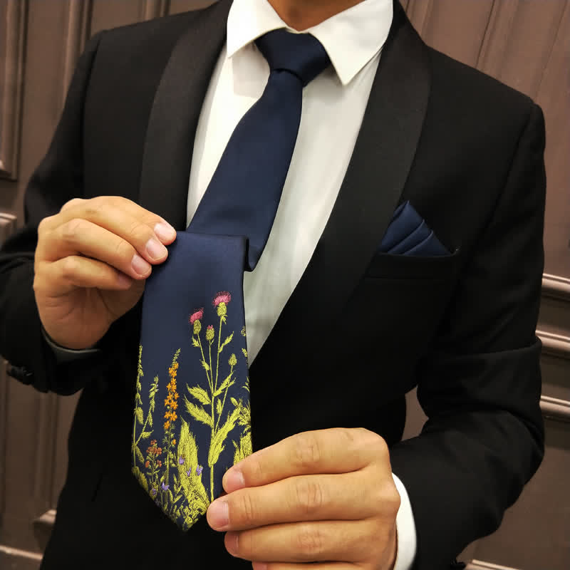 Men's Navy Blue Amidst Flowers Necktie - image 1