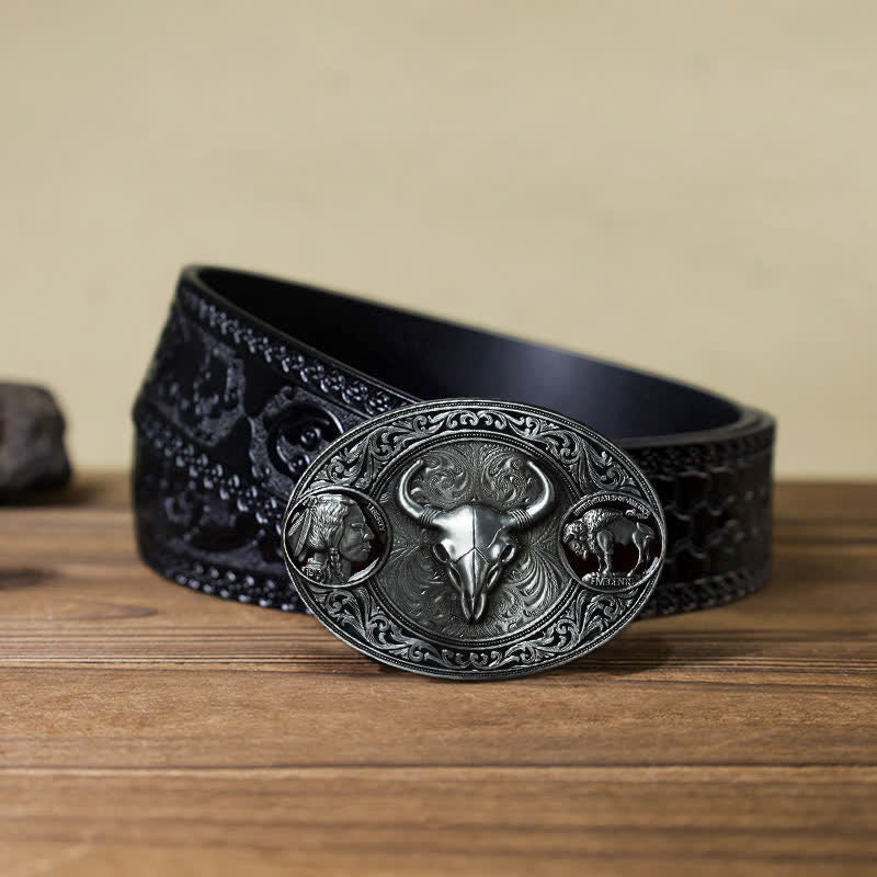 Men's DIY Typical Western Skull Buckle Leather Belt - Bull - Black Carved Belt (40) - image 11