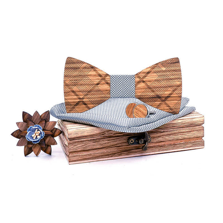 4Pcs Men's Classic Plaids Wooden Bow Tie Set - Gray Grid - image 8