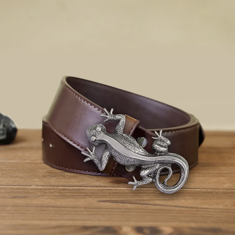 Men's DIY Unique Animal Silver Lizard Buckle Leather Belt - Lizard - Brown PU Belt (40) - image 8