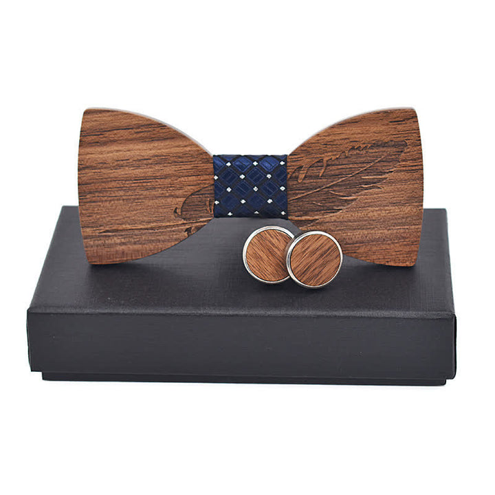 2Pcs Men's Feather Engraving Wooden Bow Tie Set - Navy Checks - image 9