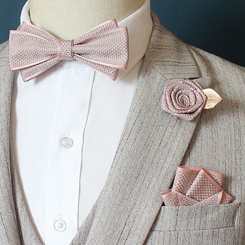 3Pcs Men's Micro Check Wedding Groom Bow Tie Set - Plain - Pink - image 2