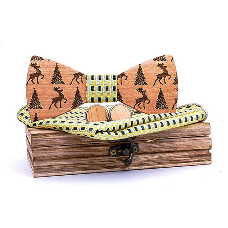 3Pcs Men's Christmas Tree Deer Pattern Wooden Bow Tie Set - Khaki - image 8