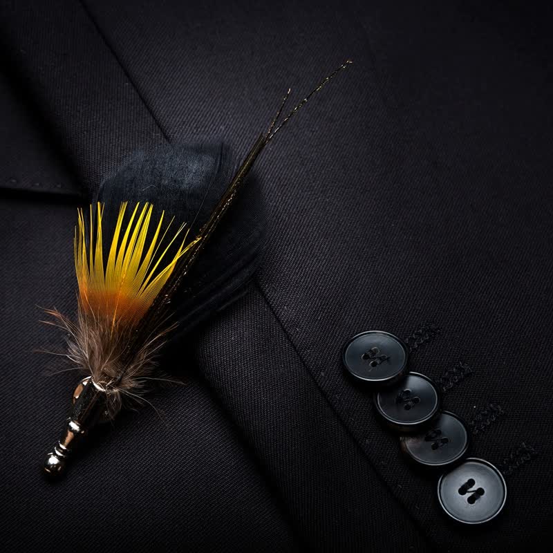 Yellow & Black Night Feather Bow Tie with Lapel Pin - image 2