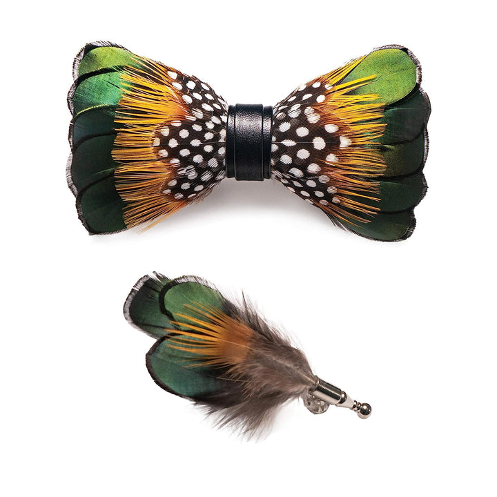 ForestGreen & Orange Vintage Feather Bow Tie with Lapel Pin - image 3
