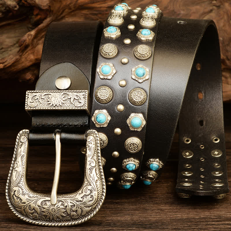 Unisex Luxurious Imitation Turquoise Accents Belt - Black - 44 - image 6