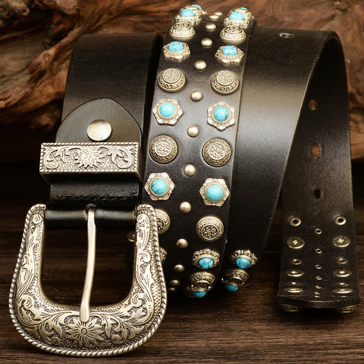 Unisex Luxurious Imitation Turquoise Accents Belt - Black - 44 - image 6
