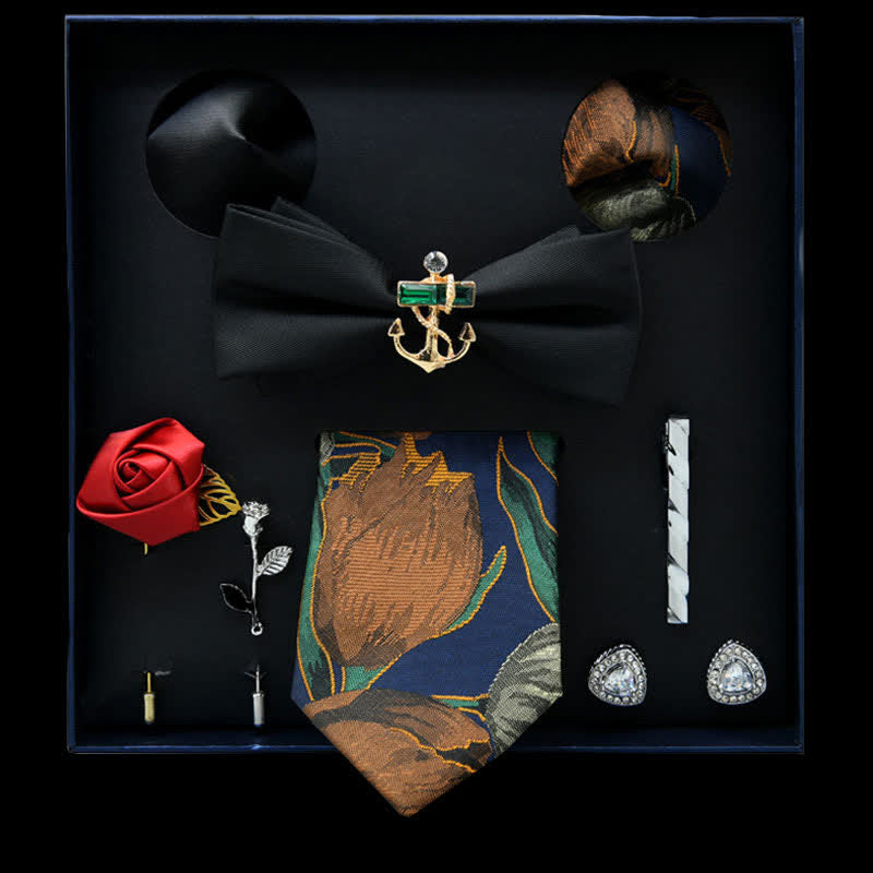 8Pcs Black&Peru Floral Casual Necktie Bow Ties Gift Box - Black&Peru - image 0
