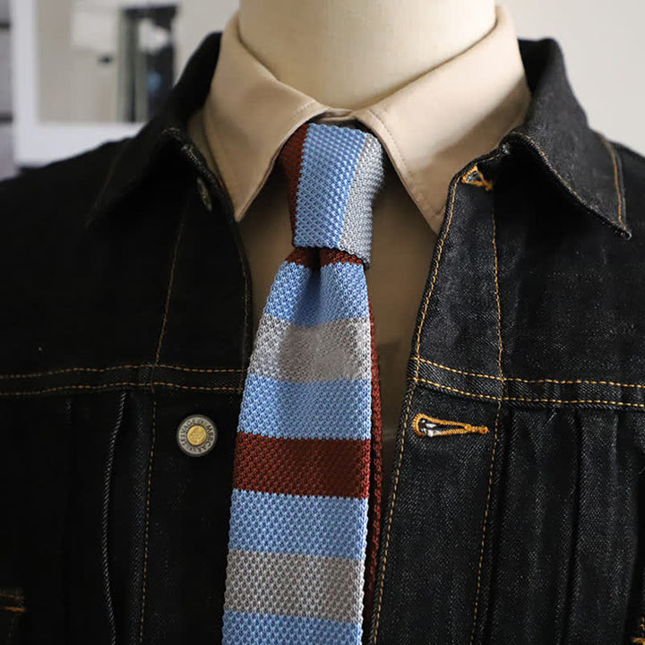 Men's Autumn Horizonal Striped Knitted Necktie - Blue & Burgundy - image 12