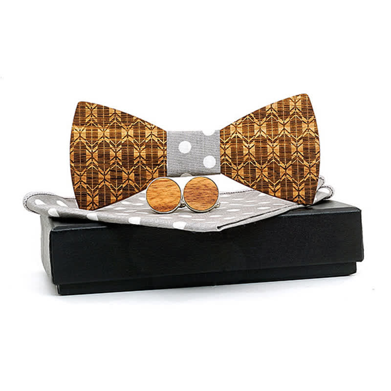 3Pcs Men's Carving Crown Wooden Bow Tie Set - Gray Dots - image 7