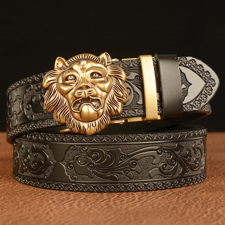 Men's 3D Sculpture Lion Head Leather Belt - Gold & Black - 46 - image 9