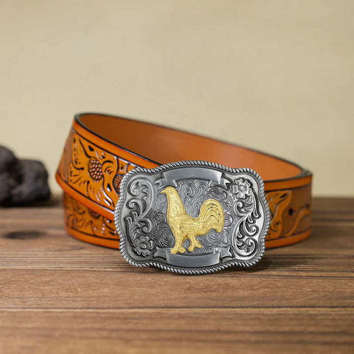 Men's DIY Gold Carving Animal Buckle Leather Belt - Cock - Orange Carved Belt (40) - image 54