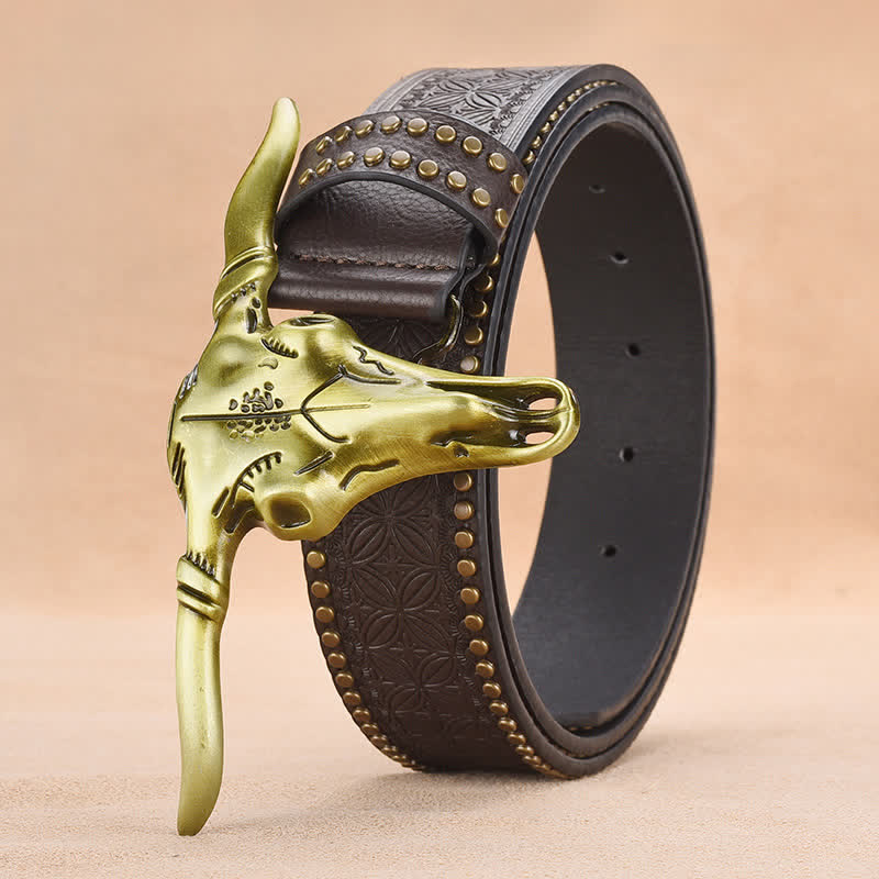 Men's Western Cattle Head Rivet Embossed Leather Belt - Coffee - 44 - image 9