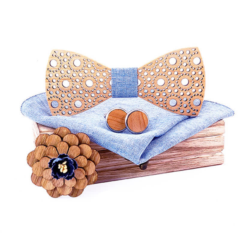 4Pcs Men's Round Hollow Wooden Bow Tie Set - LightBlue - image 8
