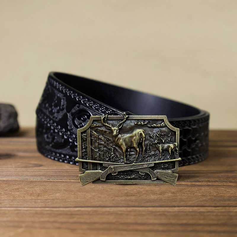 Men's DIY Deer Shotgun Hunter Buckle Leather Belt - Antique Bronze - Black Carved Belt (40) - image 14