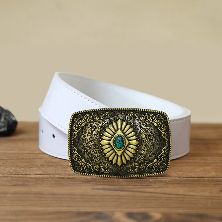 Men's DIY Square Turquoise Western Buckle Leather Belt - Antique Gold - White PU Belt (40) - image 12