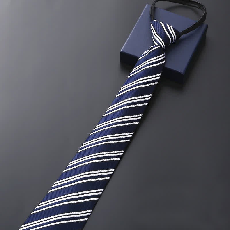 Men's Blue Series Zipper Tie Business Necktie - Navy & White Striped - image 5