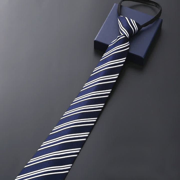 Men's Blue Series Zipper Tie Business Necktie - Navy & White Striped - image 5