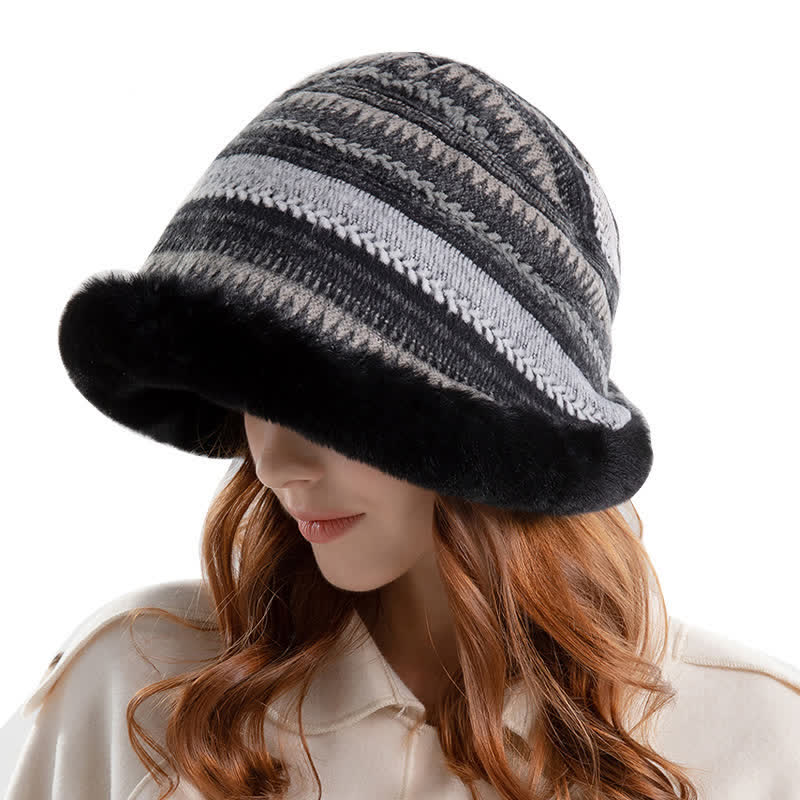 Women's Striped Warm Plush Brim Bucket Hat - image 7