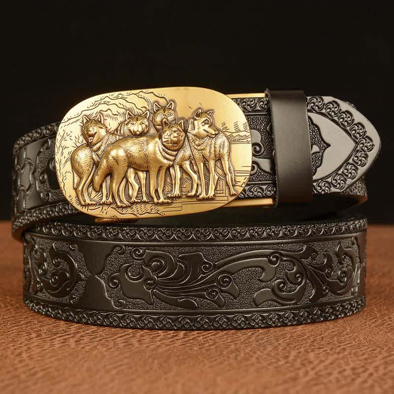 Men's Retro Pack Of Wolves Leather Belt - Gold & Black - 46 - image 8