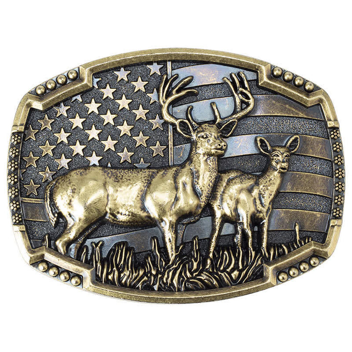 Men's DIY Deer Hunter American Flag Buckle Leather Belt - Gold Deers - Without Belt - image 2