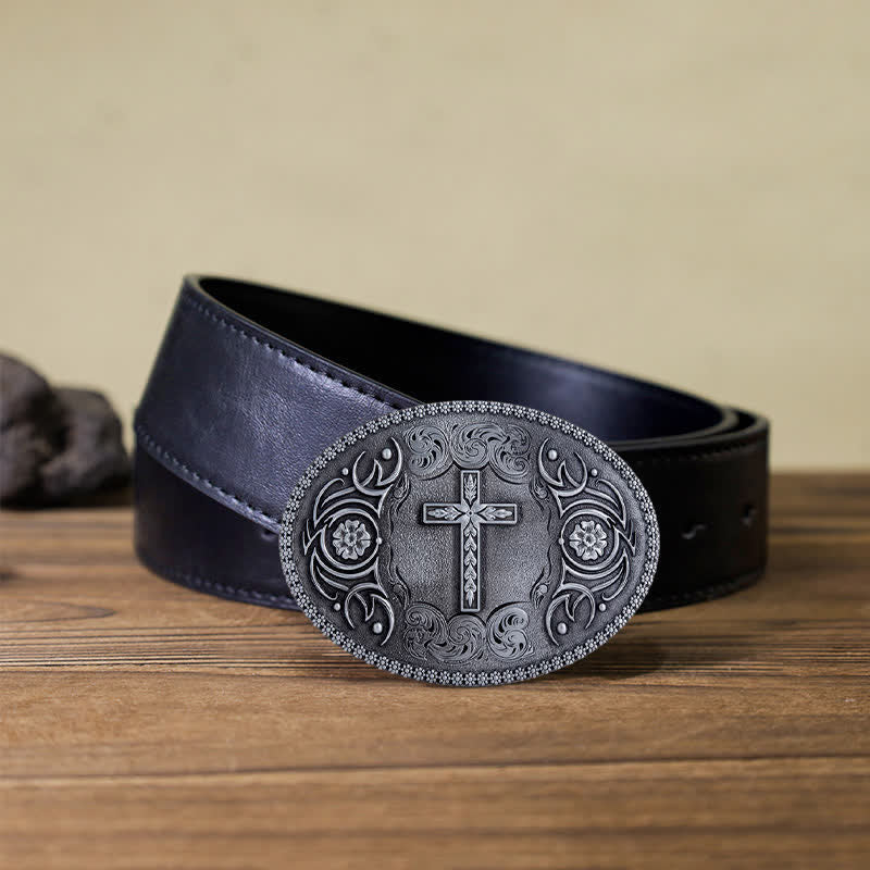 Men's DIY Faith Cross Floral Buckle Leather Belt - Antique Silver - White PU Belt (40) - image 5