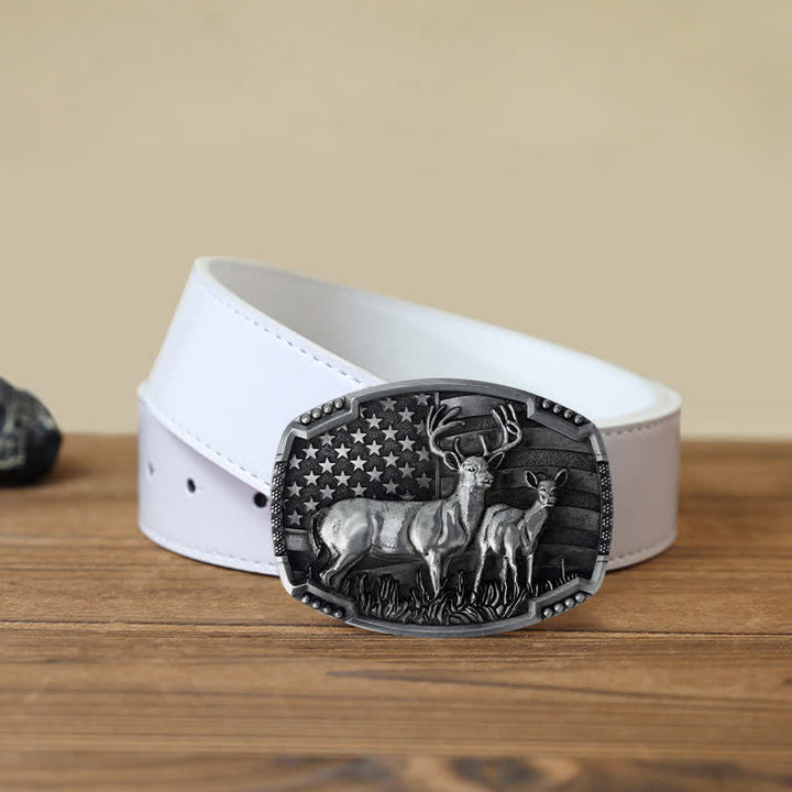 Men's DIY Deer Hunter American Flag Buckle Leather Belt - Silver Deers - White PU Belt (40) - image 16