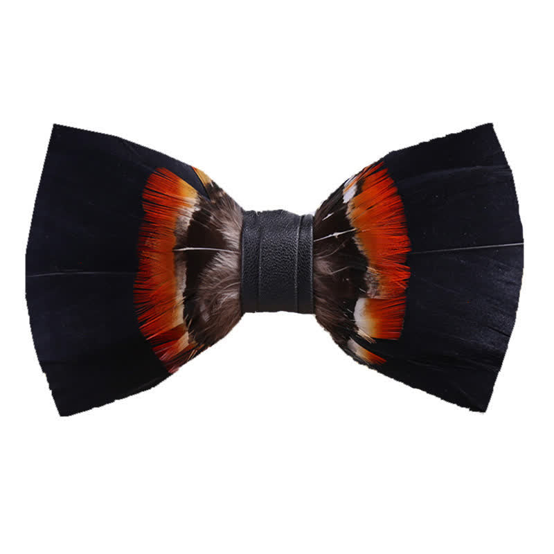 Black & Orange Feather Bow Tie with Lapel Pin - Black - image 0