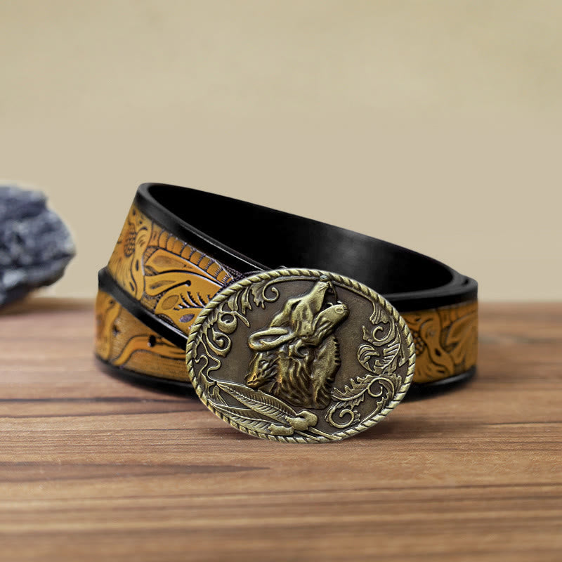 Men's DIY Howling Wolf Head Buckle Leather Belt - Antique Gold - SandyBrown Belt (40) - image 16