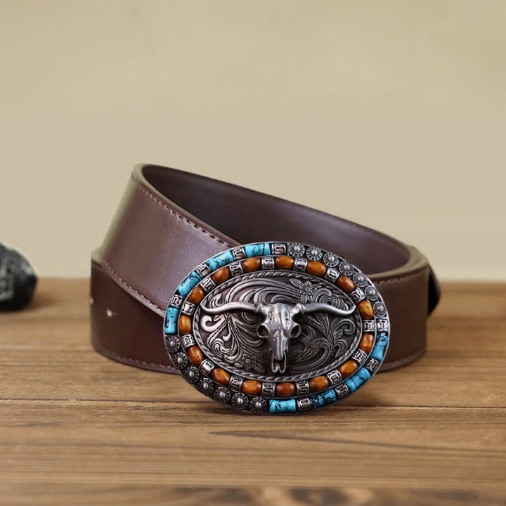 Men's DIY Turquoise Wood Bead Bull Buckle Leather Belt - Silver - Brown PU Belt (40) - image 9