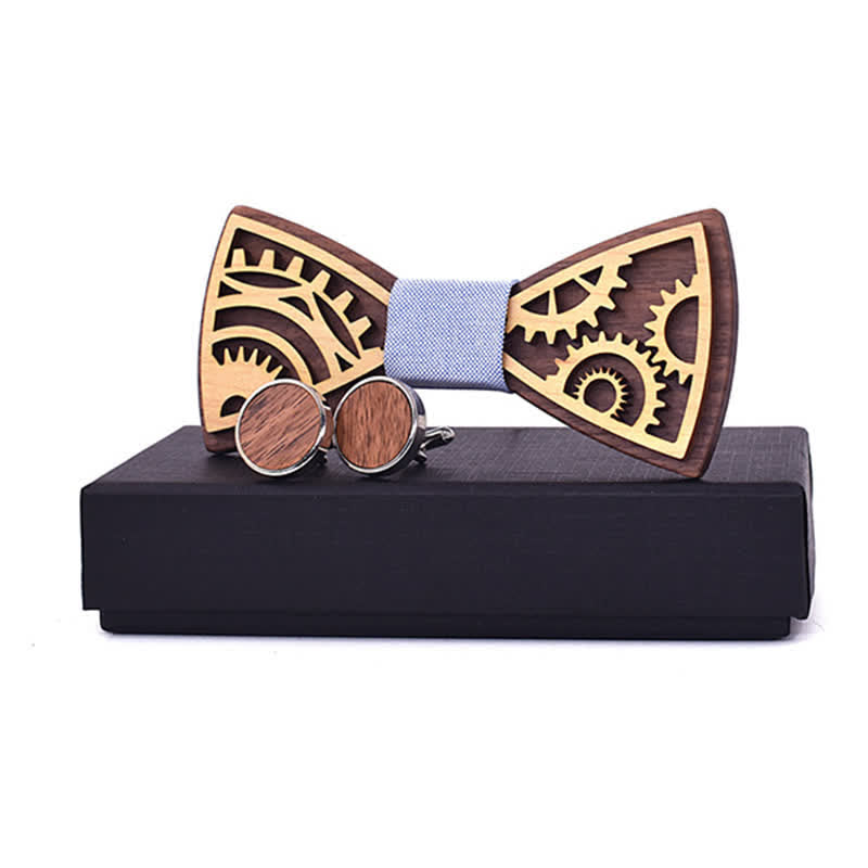 2Pcs Men's Gears Wooden Bow Tie Cufflinks Set - Pale Blue - image 8