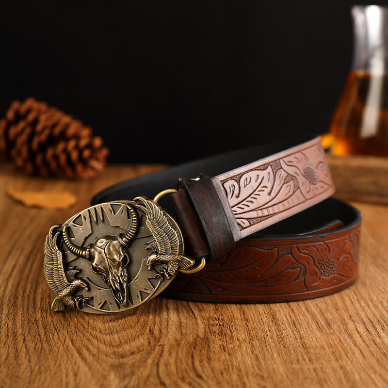 Men's Vintage Bull & Dual Eagles Leather Belt - Style #1 - 42 - image 0
