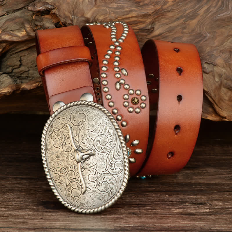 Men's Punk Rivet Longhorn Bull Turquoise Real Leather Belt - Reddish-Brown - 44 - image 10