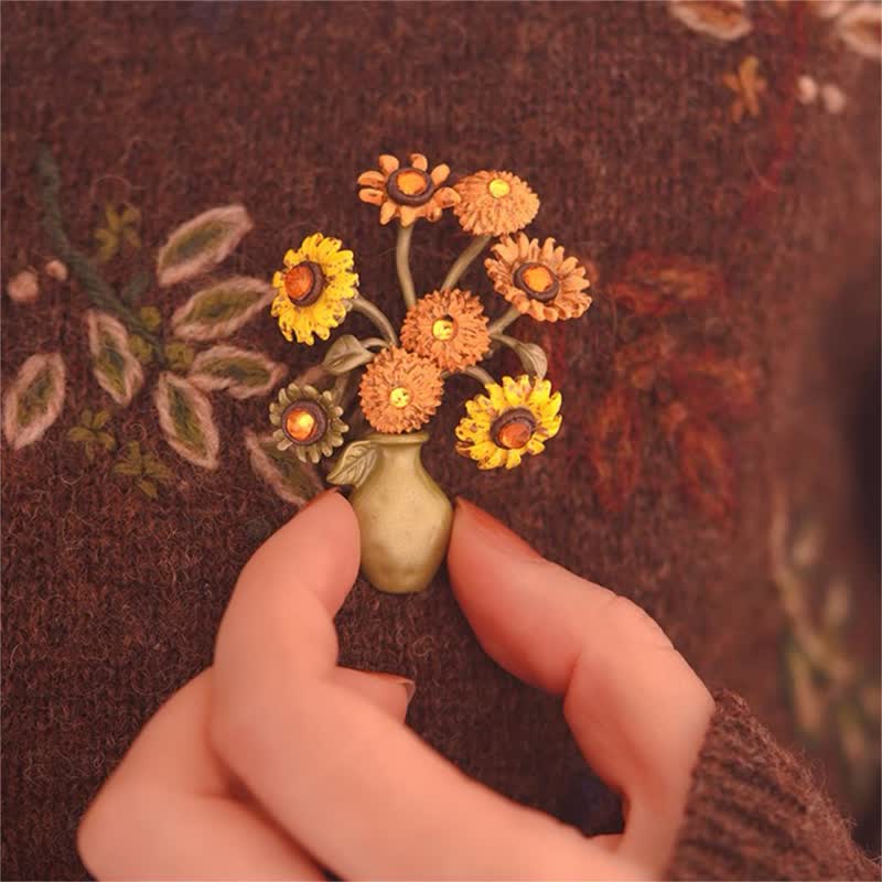 Women's Enamel Sunflower Vase Brooch - image 6